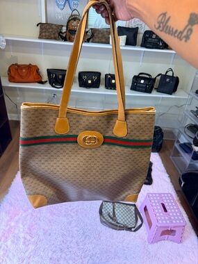 Project piece Gucci Brown GG Canvas Shoulder Tote with Green-Red Web